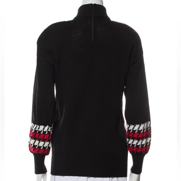 Vintage 80s Lillie Rubin Turtleneck Sweater Houndstooth Black Red Gold Buttons S